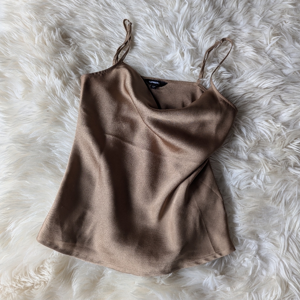 express brown cowl neck satin top